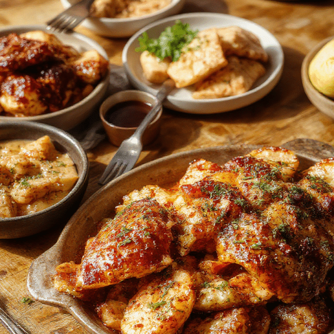 A vibrant plate showcasing classic Southern Thanksgiving dishes including juicy roasted turkey, golden cornbread, green beans with crispy onions, sweet potato casserole topped with marshmallows, and a side of creamy gravy. The arrangement highlights rich textures and warm autumn colors, styled on a rustic wooden table with festive decor in the background.