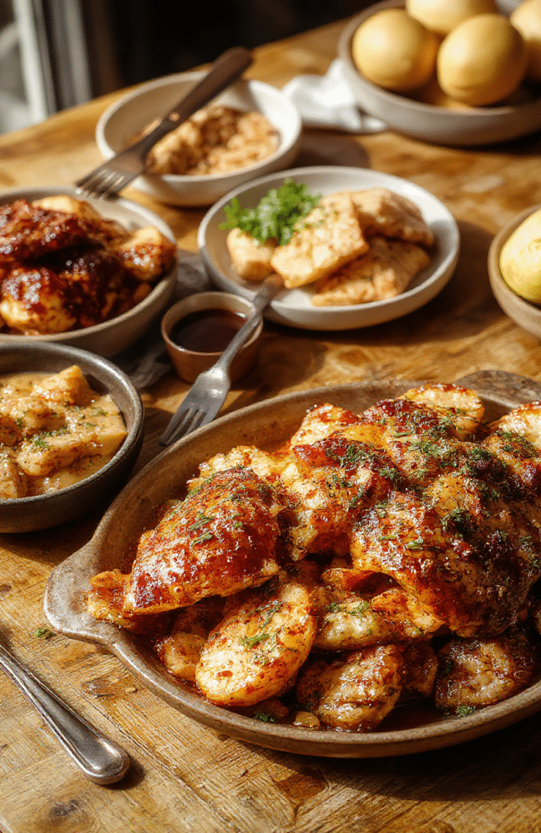 A vibrant plate showcasing classic Southern Thanksgiving dishes including juicy roasted turkey, golden cornbread, green beans with crispy onions, sweet potato casserole topped with marshmallows, and a side of creamy gravy. The arrangement highlights rich textures and warm autumn colors, styled on a rustic wooden table with festive decor in the background.