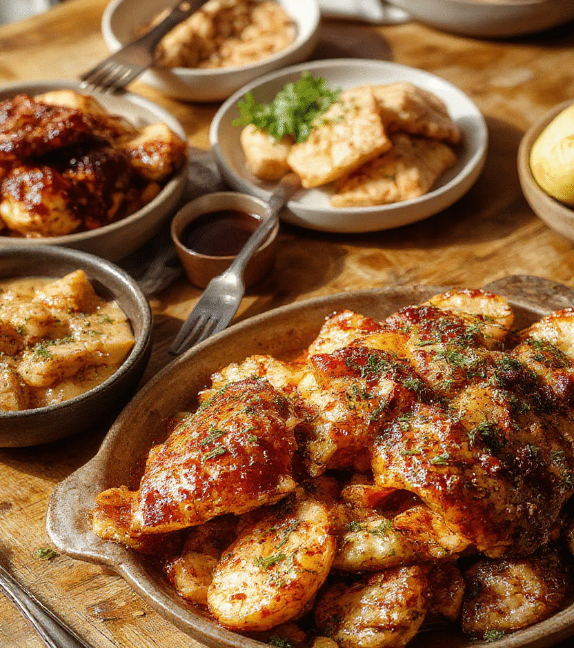 A vibrant plate showcasing classic Southern Thanksgiving dishes including juicy roasted turkey, golden cornbread, green beans with crispy onions, sweet potato casserole topped with marshmallows, and a side of creamy gravy. The arrangement highlights rich textures and warm autumn colors, styled on a rustic wooden table with festive decor in the background.