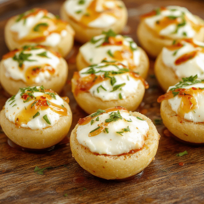A close-up of creamy goat cheese bites topped with golden honey drizzles on a rustic wooden platter, garnished with fresh herbs, soft natural lighting highlighting the textures and colors.