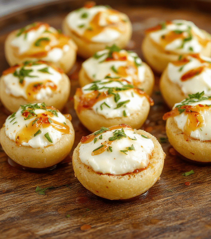 A close-up of creamy goat cheese bites topped with golden honey drizzles on a rustic wooden platter, garnished with fresh herbs, soft natural lighting highlighting the textures and colors.