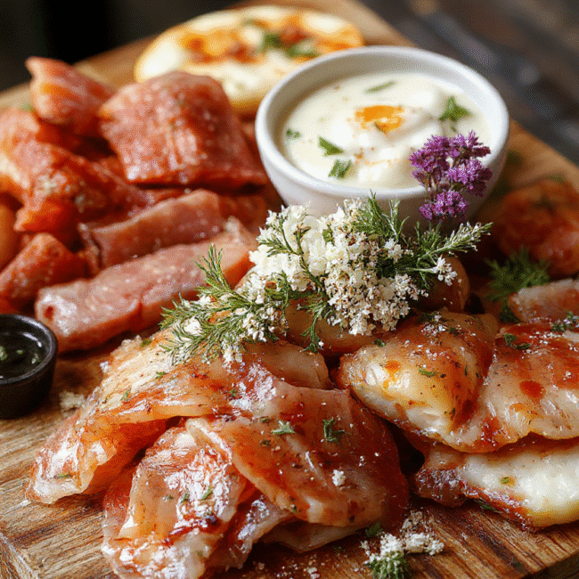 A beautifully arranged charcuterie plate featuring intricate meat flowers with thinly sliced cured meats woven into floral shapes, complemented by cheese, fresh herbs, and edible flowers on a rustic wooden board. Vibrant reds, soft greens, and creamy whites create a sophisticated and inviting presentation with a textured and colorful aesthetic.