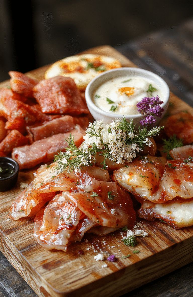 A beautifully arranged charcuterie plate featuring intricate meat flowers with thinly sliced cured meats woven into floral shapes, complemented by cheese, fresh herbs, and edible flowers on a rustic wooden board. Vibrant reds, soft greens, and creamy whites create a sophisticated and inviting presentation with a textured and colorful aesthetic.