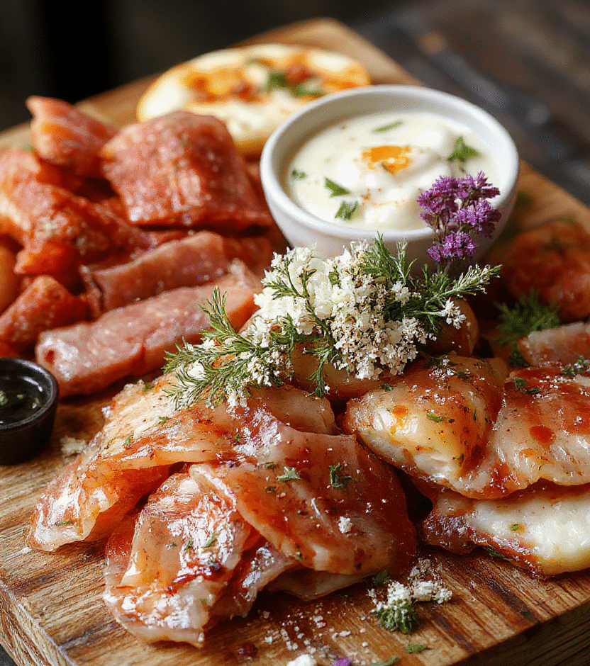 A beautifully arranged charcuterie plate featuring intricate meat flowers with thinly sliced cured meats woven into floral shapes, complemented by cheese, fresh herbs, and edible flowers on a rustic wooden board. Vibrant reds, soft greens, and creamy whites create a sophisticated and inviting presentation with a textured and colorful aesthetic.