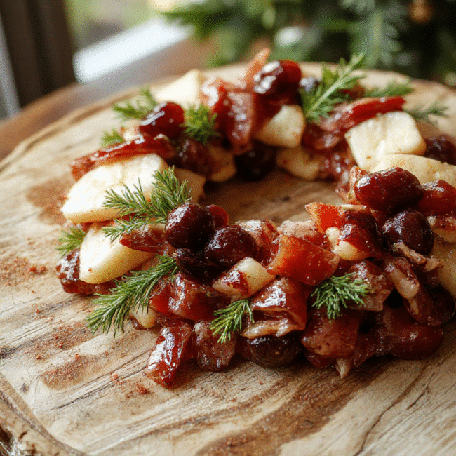 A vibrant festive charcuterie wreath featuring an assortment of sliced cheeses, cured meats, fresh fruits, nuts, and herbs arranged in a circular wreath shape on a rustic wooden platter, garnished with rosemary sprigs and cranberries, with colorful vegetables and crackers surrounding it, styled for a cheerful holiday presentation.