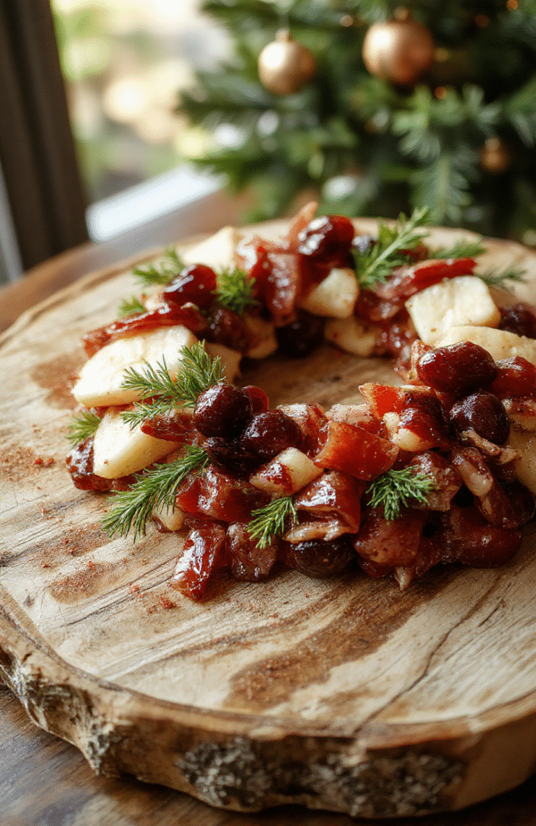 A vibrant festive charcuterie wreath featuring an assortment of sliced cheeses, cured meats, fresh fruits, nuts, and herbs arranged in a circular wreath shape on a rustic wooden platter, garnished with rosemary sprigs and cranberries, with colorful vegetables and crackers surrounding it, styled for a cheerful holiday presentation.