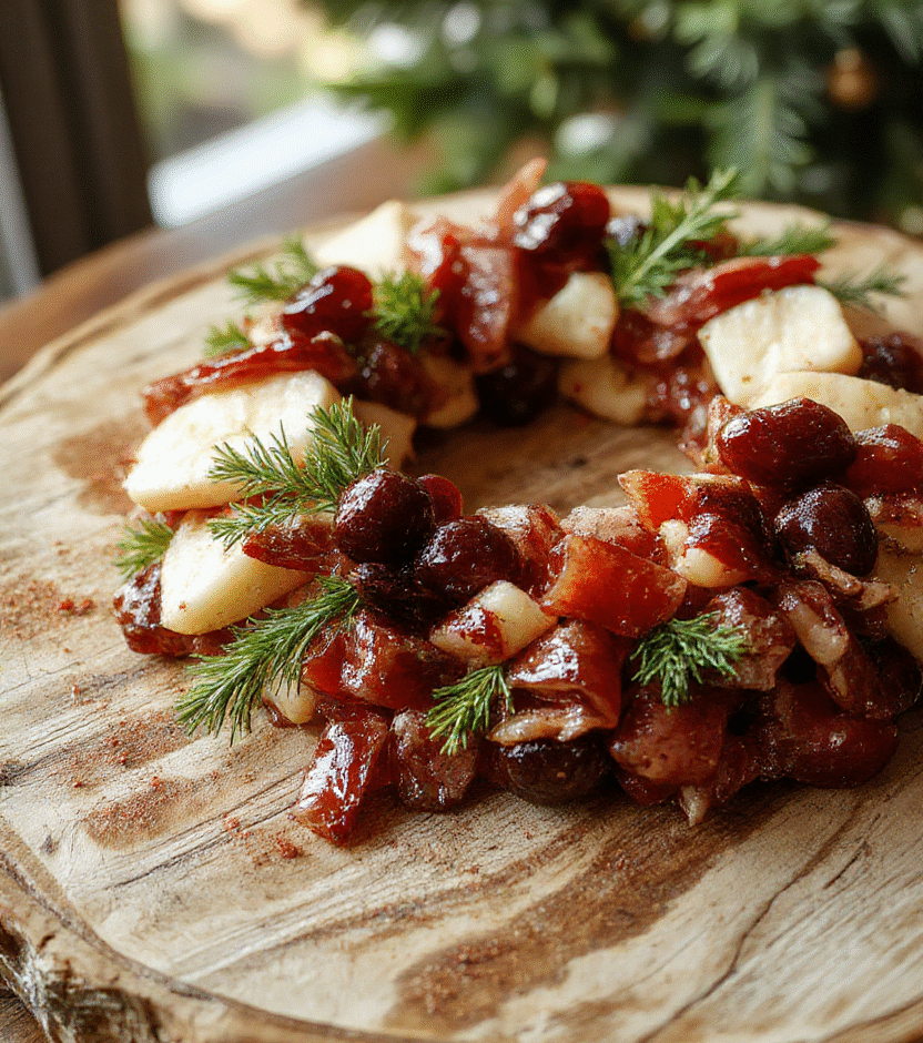 A vibrant festive charcuterie wreath featuring an assortment of sliced cheeses, cured meats, fresh fruits, nuts, and herbs arranged in a circular wreath shape on a rustic wooden platter, garnished with rosemary sprigs and cranberries, with colorful vegetables and crackers surrounding it, styled for a cheerful holiday presentation.
