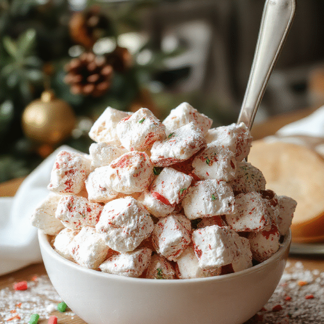 A vibrant bowl of colorful puppy chow treats featuring powdered sugar-coated cereal pieces mixed with sprinkles and chocolate, arranged on a festive holiday-themed plate. The background shows a cozy, decorated Christmas setting with twinkling lights and seasonal ornaments, emphasizing the fun and festive atmosphere.