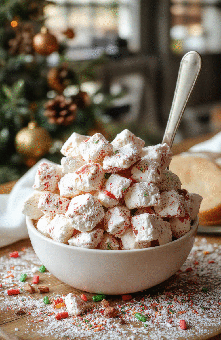 A vibrant bowl of colorful puppy chow treats featuring powdered sugar-coated cereal pieces mixed with sprinkles and chocolate, arranged on a festive holiday-themed plate. The background shows a cozy, decorated Christmas setting with twinkling lights and seasonal ornaments, emphasizing the fun and festive atmosphere.