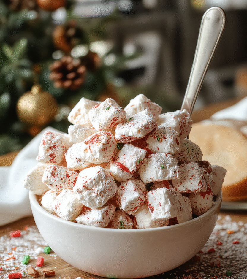 A vibrant bowl of colorful puppy chow treats featuring powdered sugar-coated cereal pieces mixed with sprinkles and chocolate, arranged on a festive holiday-themed plate. The background shows a cozy, decorated Christmas setting with twinkling lights and seasonal ornaments, emphasizing the fun and festive atmosphere.