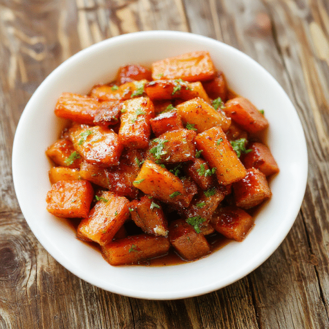 A vibrant plate of glazed carrots with a glossy caramelized coating, garnished with fresh herbs and served on a elegant white dish, colorful carrots vary in shades from deep orange to purple, textures appear tender and shiny, styled simply to highlight the natural beauty and festive appeal.