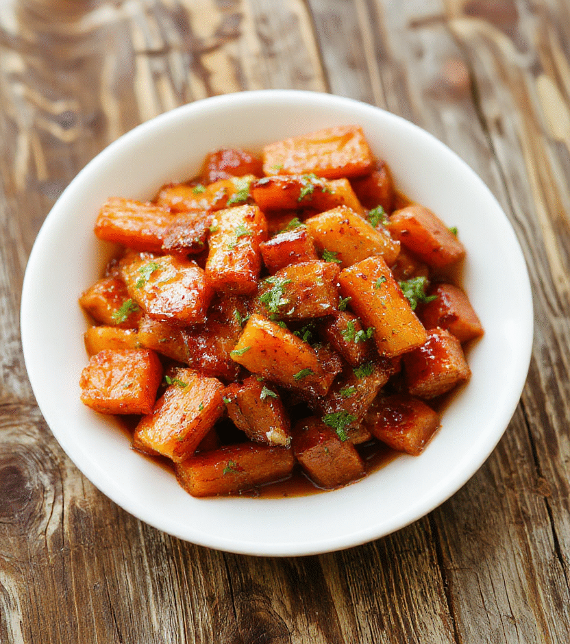 A vibrant plate of glazed carrots with a glossy caramelized coating, garnished with fresh herbs and served on a elegant white dish, colorful carrots vary in shades from deep orange to purple, textures appear tender and shiny, styled simply to highlight the natural beauty and festive appeal.