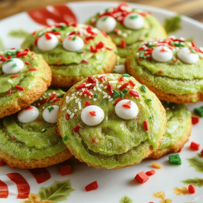 Colorful festive Grinch cookies with bright red and green icing, decorated with candy eyes and sprinkles on a holiday-themed plate, with a cozy background of Christmas decorations and soft lighting, showcasing the playful and vibrant toppings with a glossy finish.