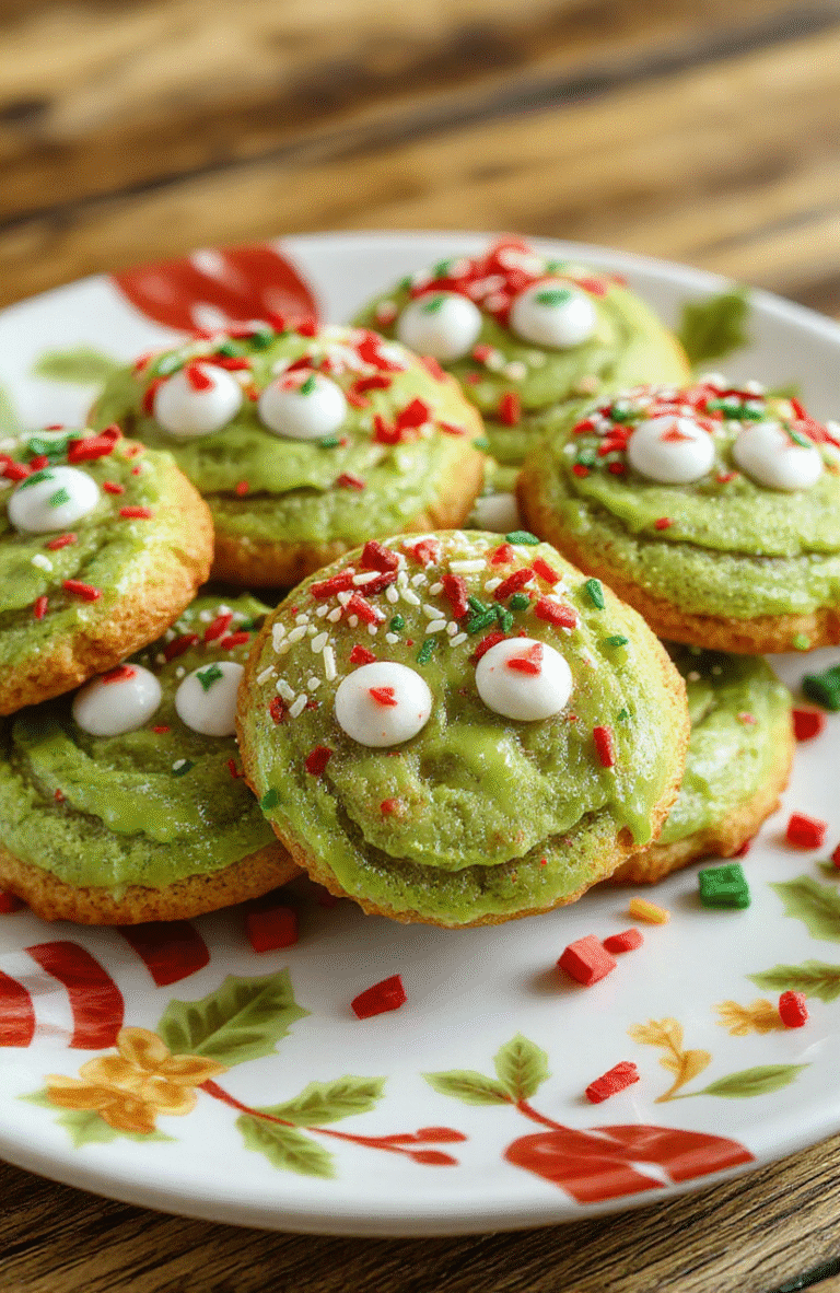 Colorful festive Grinch cookies with bright red and green icing, decorated with candy eyes and sprinkles on a holiday-themed plate, with a cozy background of Christmas decorations and soft lighting, showcasing the playful and vibrant toppings with a glossy finish.