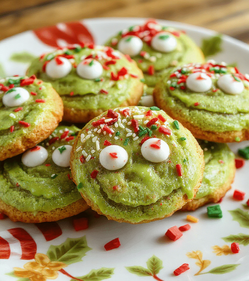 Colorful festive Grinch cookies with bright red and green icing, decorated with candy eyes and sprinkles on a holiday-themed plate, with a cozy background of Christmas decorations and soft lighting, showcasing the playful and vibrant toppings with a glossy finish.