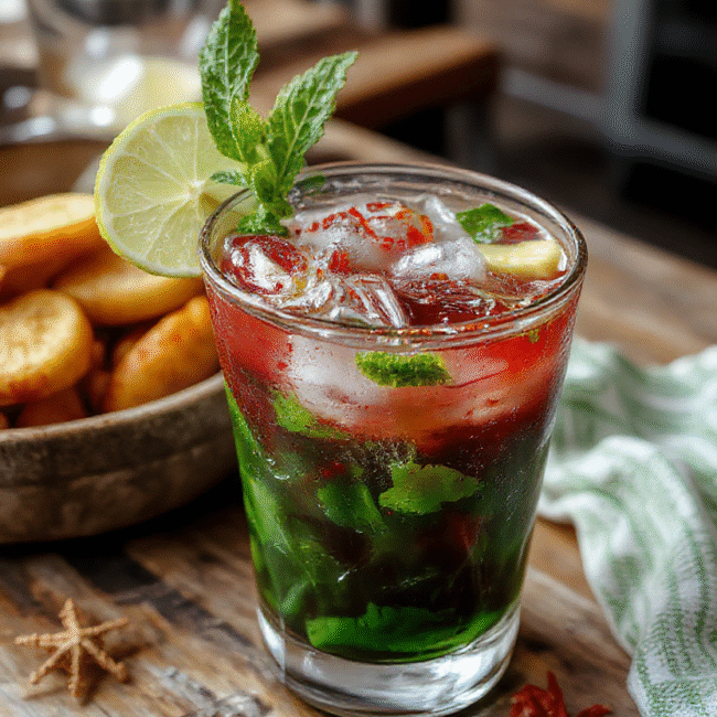 A vibrant glass of Festive Spiced Margarita on a rustic wooden table, garnished with a cinnamon stick, orange slice, and a salted rim, against a blurred holiday background with twinkle lights and Christmas ornaments. The drink has a rich amber hue with cinnamon and citrus accents, creating a warm, inviting holiday vibe.