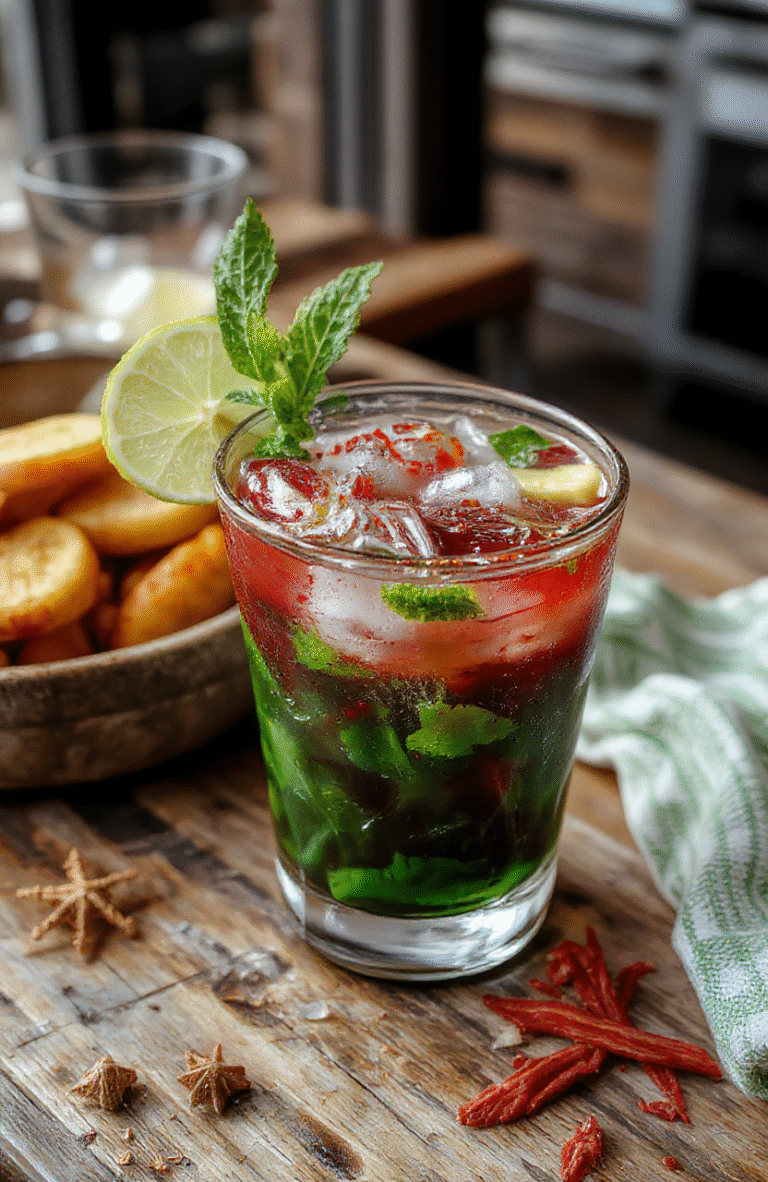 A vibrant glass of Festive Spiced Margarita on a rustic wooden table, garnished with a cinnamon stick, orange slice, and a salted rim, against a blurred holiday background with twinkle lights and Christmas ornaments. The drink has a rich amber hue with cinnamon and citrus accents, creating a warm, inviting holiday vibe.