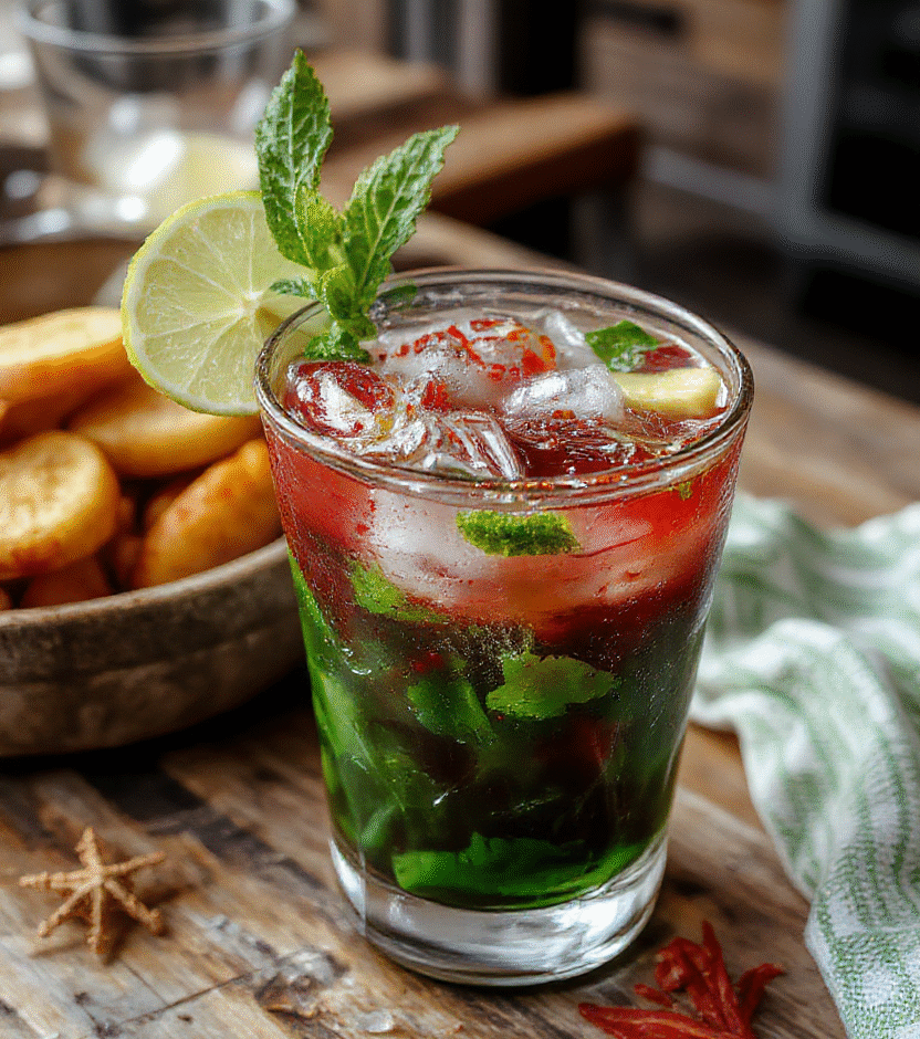 A vibrant glass of Festive Spiced Margarita on a rustic wooden table, garnished with a cinnamon stick, orange slice, and a salted rim, against a blurred holiday background with twinkle lights and Christmas ornaments. The drink has a rich amber hue with cinnamon and citrus accents, creating a warm, inviting holiday vibe.