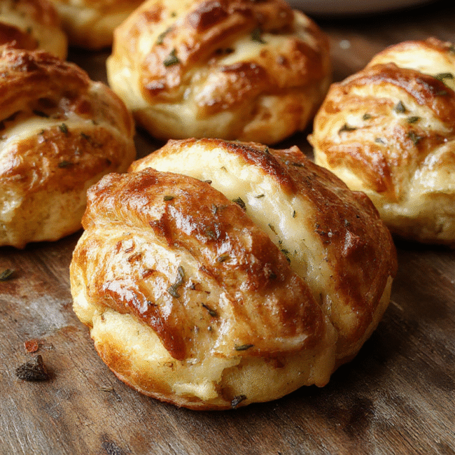 Golden brown flaky croissants filled with melted cheese and savory beef, served on a rustic wooden board with a shiny exterior, soft textures visible, steam rising slightly, styled simply for a rustic brunch presentation.