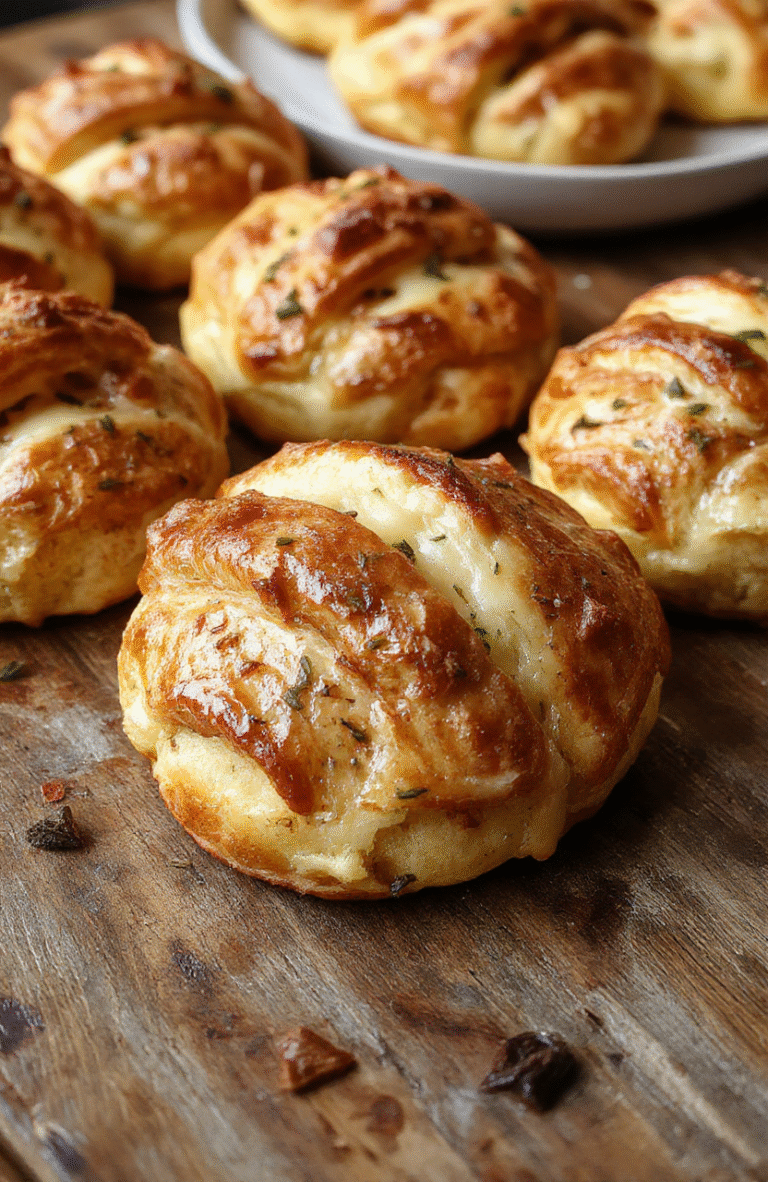 Golden brown flaky croissants filled with melted cheese and savory beef, served on a rustic wooden board with a shiny exterior, soft textures visible, steam rising slightly, styled simply for a rustic brunch presentation.