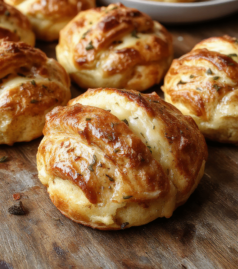 Golden brown flaky croissants filled with melted cheese and savory beef, served on a rustic wooden board with a shiny exterior, soft textures visible, steam rising slightly, styled simply for a rustic brunch presentation.
