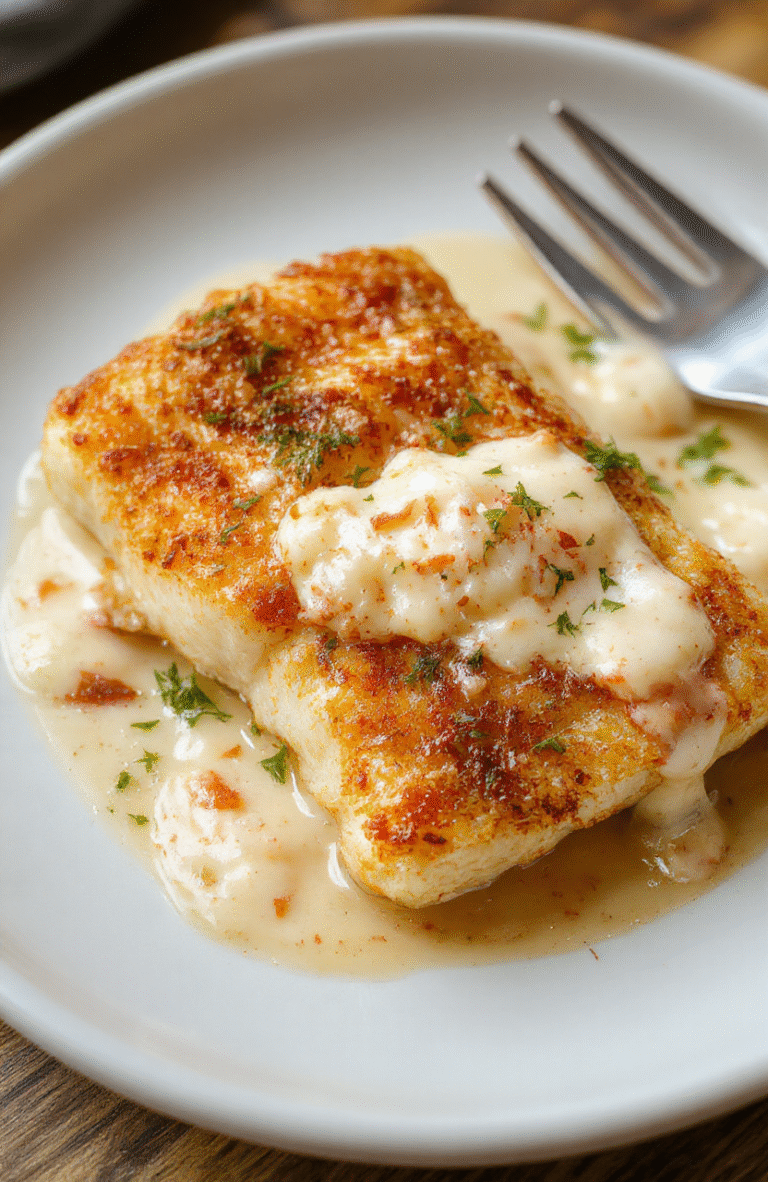 A perfectly baked flaky cod fillet topped with a vibrant golden coconut lemon cream sauce, garnished with fresh herbs, on a white plate styled with lemon wedges and coconut flakes, with a blurred background of a rustic wooden table.