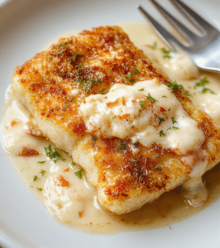 A perfectly baked flaky cod fillet topped with a vibrant golden coconut lemon cream sauce, garnished with fresh herbs, on a white plate styled with lemon wedges and coconut flakes, with a blurred background of a rustic wooden table.