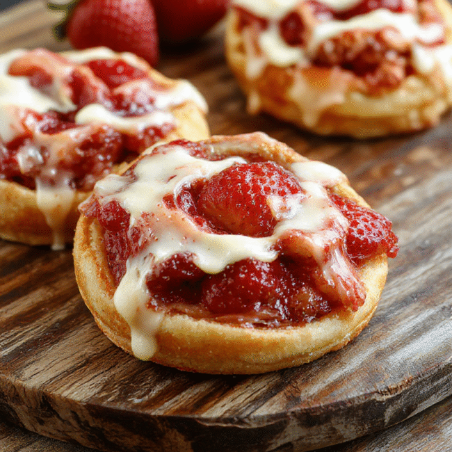 A golden flaky strawberry Danish pastry topped with vibrant red fresh strawberries and a glossy glaze, elegantly arranged on a white plate. The pastry's layers are crisp and buttery, with a smooth cream cheese filling visible from the edges. The strawberries add a bright pop of color, contrasting beautifully with the golden crust, styled on a rustic wooden board with soft natural light highlighting the textures and colors.