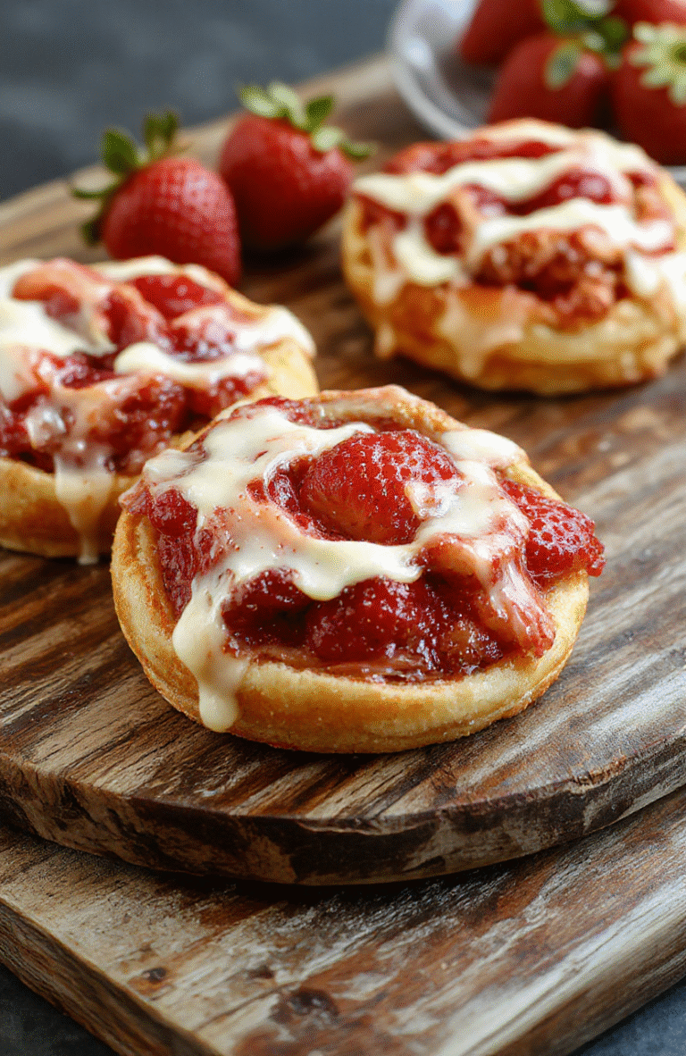 A golden flaky strawberry Danish pastry topped with vibrant red fresh strawberries and a glossy glaze, elegantly arranged on a white plate. The pastry's layers are crisp and buttery, with a smooth cream cheese filling visible from the edges. The strawberries add a bright pop of color, contrasting beautifully with the golden crust, styled on a rustic wooden board with soft natural light highlighting the textures and colors.