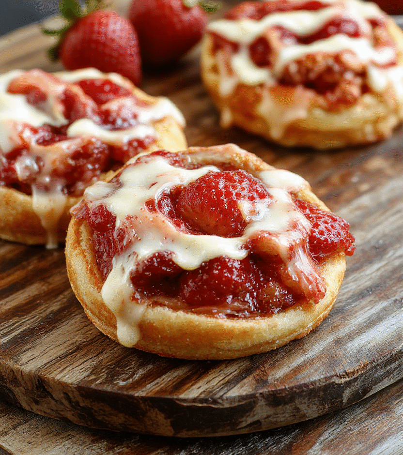 A golden flaky strawberry Danish pastry topped with vibrant red fresh strawberries and a glossy glaze, elegantly arranged on a white plate. The pastry's layers are crisp and buttery, with a smooth cream cheese filling visible from the edges. The strawberries add a bright pop of color, contrasting beautifully with the golden crust, styled on a rustic wooden board with soft natural light highlighting the textures and colors.