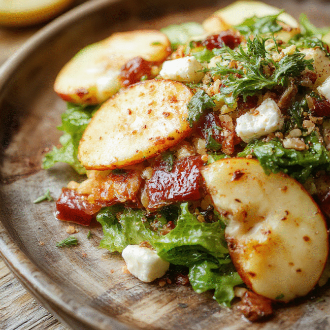 A vibrant bowl of apple feta salad featuring crisp green apple slices, crumbled feta cheese, mixed greens, and toasted walnuts, all beautifully arranged on a rustic wooden plate with a drizzle of honey mustard dressing. The colors are fresh and inviting with a balance of green, white, and golden tones, highlighting the textures and seasonal ingredients.
