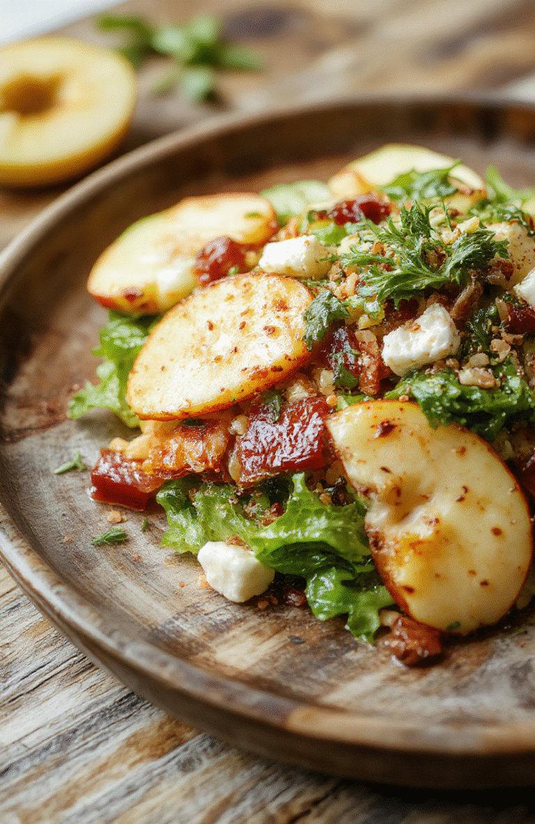 A vibrant bowl of apple feta salad featuring crisp green apple slices, crumbled feta cheese, mixed greens, and toasted walnuts, all beautifully arranged on a rustic wooden plate with a drizzle of honey mustard dressing. The colors are fresh and inviting with a balance of green, white, and golden tones, highlighting the textures and seasonal ingredients.
