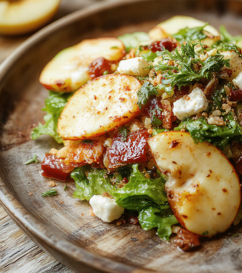 A vibrant bowl of apple feta salad featuring crisp green apple slices, crumbled feta cheese, mixed greens, and toasted walnuts, all beautifully arranged on a rustic wooden plate with a drizzle of honey mustard dressing. The colors are fresh and inviting with a balance of green, white, and golden tones, highlighting the textures and seasonal ingredients.