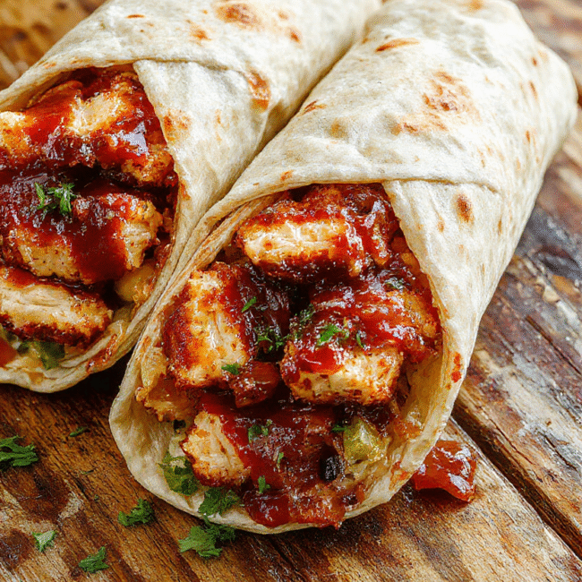 A vibrant plate of BBQ chicken wraps with grilled chicken, melted cheese, fresh greens, and a smoky barbecue sauce, neatly wrapped in soft tortillas, styled with colorful ingredients on a rustic wooden surface.