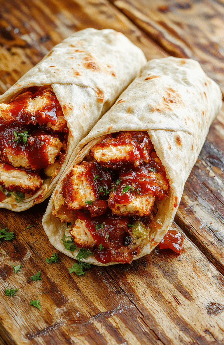 A vibrant plate of BBQ chicken wraps with grilled chicken, melted cheese, fresh greens, and a smoky barbecue sauce, neatly wrapped in soft tortillas, styled with colorful ingredients on a rustic wooden surface.