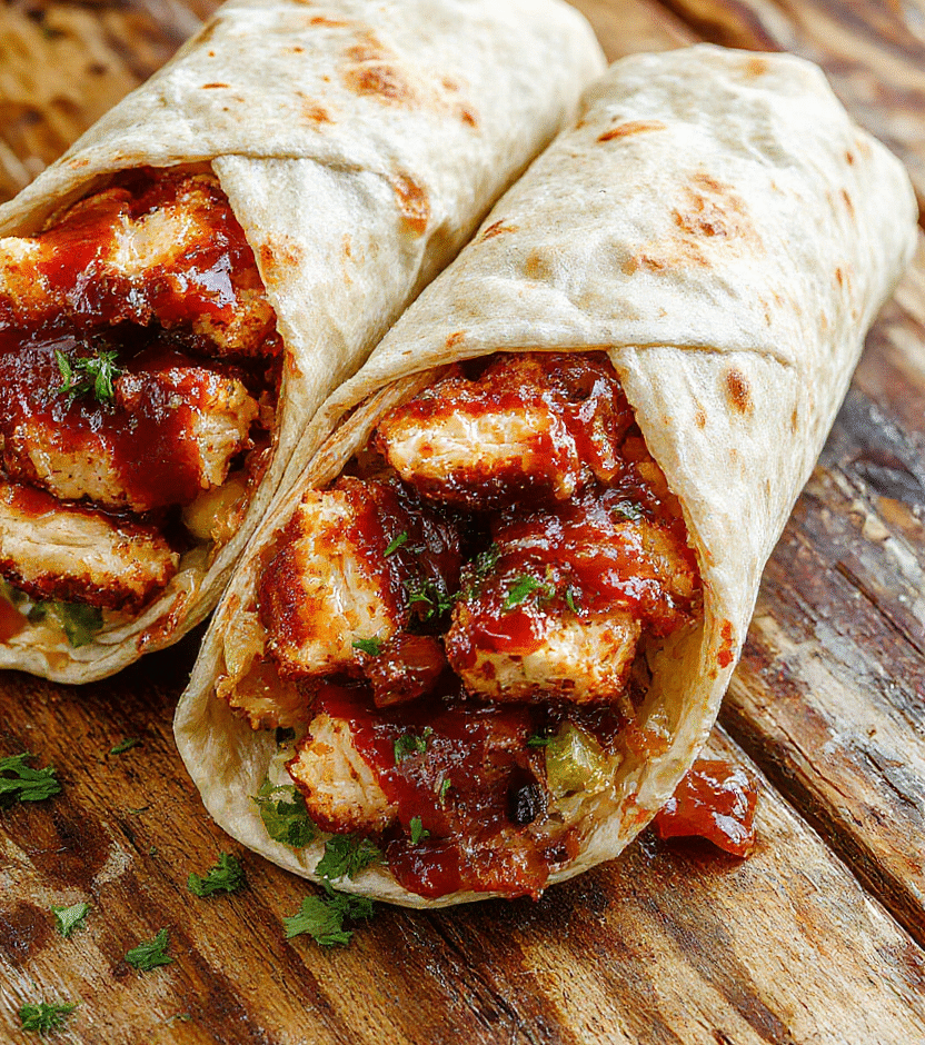 A vibrant plate of BBQ chicken wraps with grilled chicken, melted cheese, fresh greens, and a smoky barbecue sauce, neatly wrapped in soft tortillas, styled with colorful ingredients on a rustic wooden surface.
