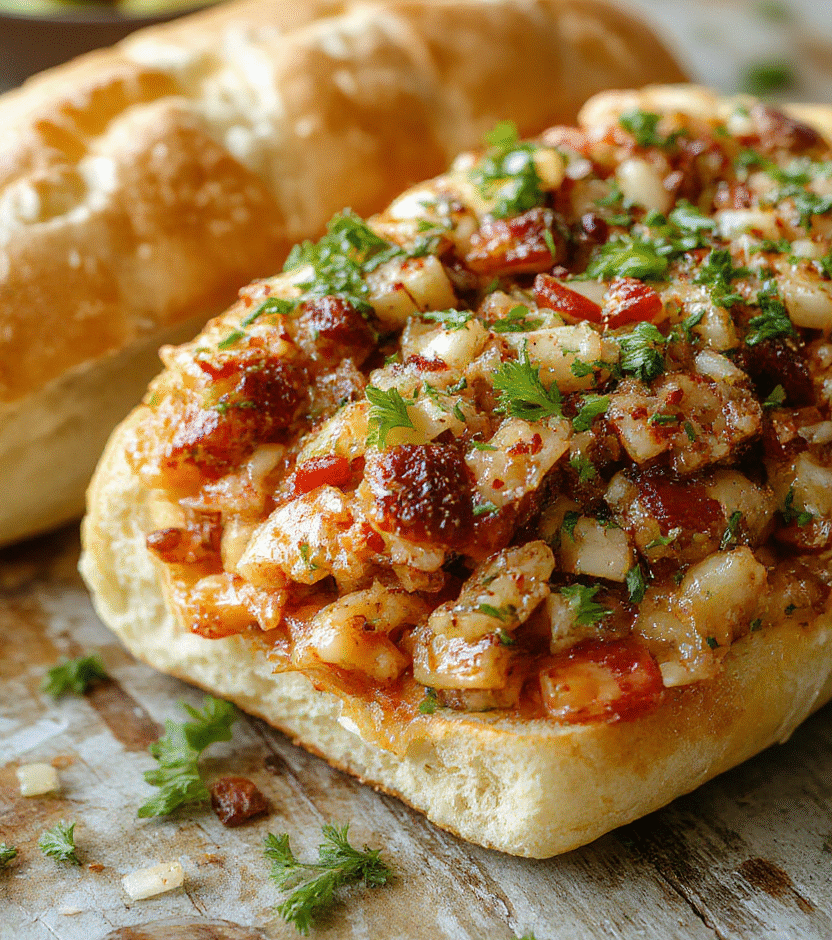 A vibrant chopped sub sandwich on a rustic wooden board with fresh lettuce, ripe tomatoes, sliced deli meats, melted cheese, and a crusty hoagie roll, styled with colorful toppings and a side of crispy chips, captured in natural daylight with a shallow depth of field.