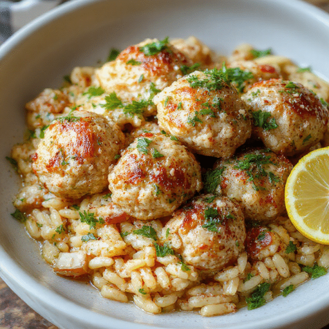 Colorful plate featuring golden-brown Greek chicken meatballs garnished with fresh herbs, served alongside vibrant lemon-infused orzo pasta with lemon wedges and herbs, styled on a rustic wooden table with natural light highlighting textures and colors
