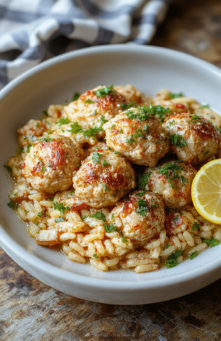 Colorful plate featuring golden-brown Greek chicken meatballs garnished with fresh herbs, served alongside vibrant lemon-infused orzo pasta with lemon wedges and herbs, styled on a rustic wooden table with natural light highlighting textures and colors