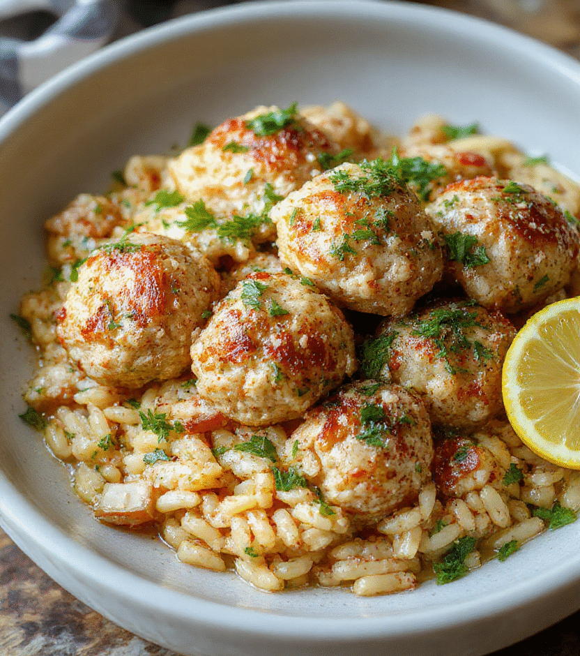 Colorful plate featuring golden-brown Greek chicken meatballs garnished with fresh herbs, served alongside vibrant lemon-infused orzo pasta with lemon wedges and herbs, styled on a rustic wooden table with natural light highlighting textures and colors