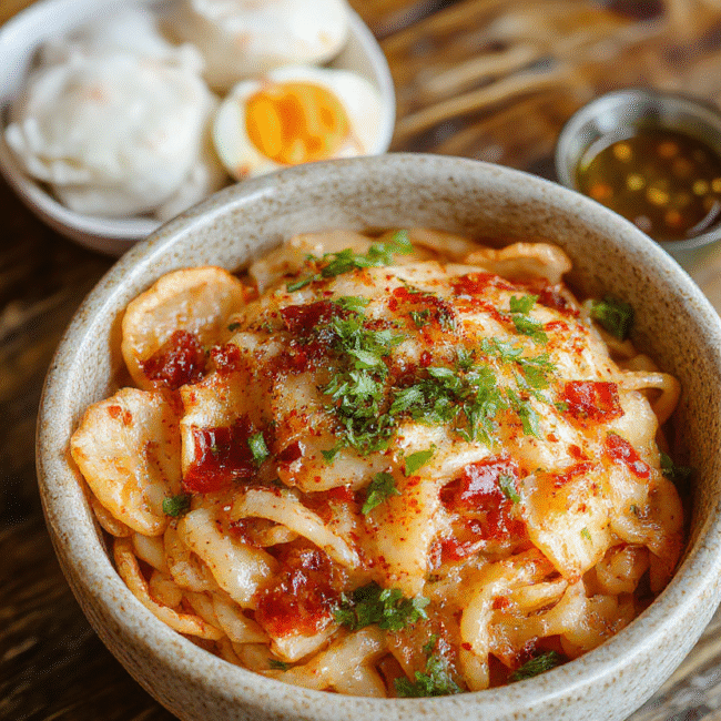 Colorful japchae noodles arranged on a white plate, featuring shiny translucent glass noodles mixed with vibrant julienned vegetables, slices of beef, and garnished with sesame seeds and green onions, styled casually on a rustic wooden table