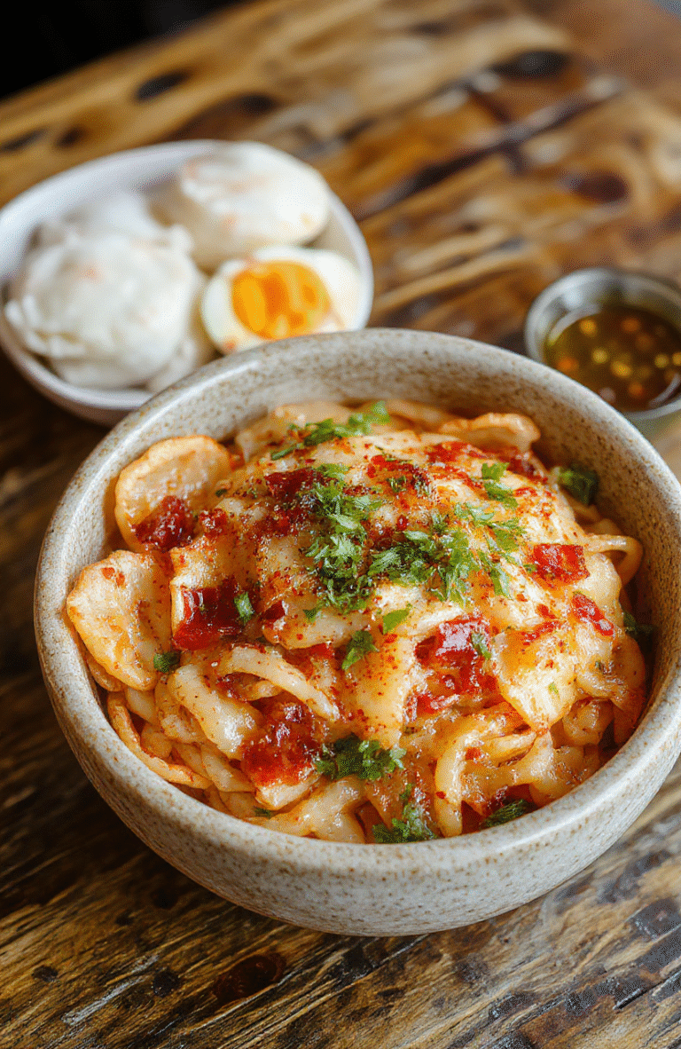 Colorful japchae noodles arranged on a white plate, featuring shiny translucent glass noodles mixed with vibrant julienned vegetables, slices of beef, and garnished with sesame seeds and green onions, styled casually on a rustic wooden table