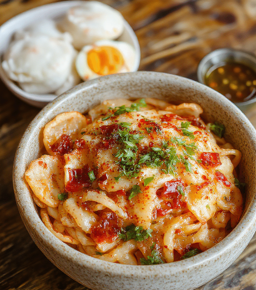 Colorful japchae noodles arranged on a white plate, featuring shiny translucent glass noodles mixed with vibrant julienned vegetables, slices of beef, and garnished with sesame seeds and green onions, styled casually on a rustic wooden table