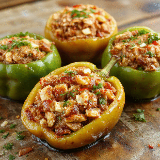 A colorful plate featuring vibrant stuffed bell peppers filled with seasoned rice, vegetables, and melted cheese. The peppers are halved and arranged artfully on a rustic wooden table, showcasing a glossy finish and steam rising from the filling. Fresh herbs garnish the dish, emphasizing a fresh and inviting appearance.