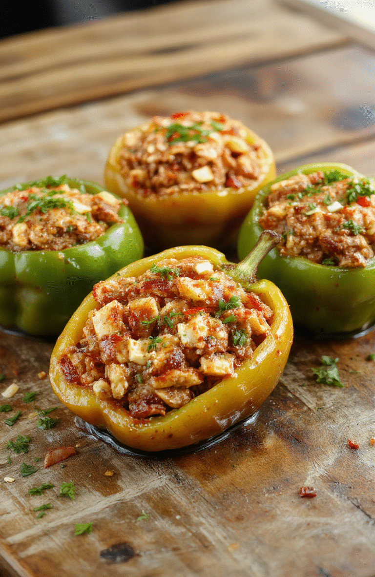 A colorful plate featuring vibrant stuffed bell peppers filled with seasoned rice, vegetables, and melted cheese. The peppers are halved and arranged artfully on a rustic wooden table, showcasing a glossy finish and steam rising from the filling. Fresh herbs garnish the dish, emphasizing a fresh and inviting appearance.