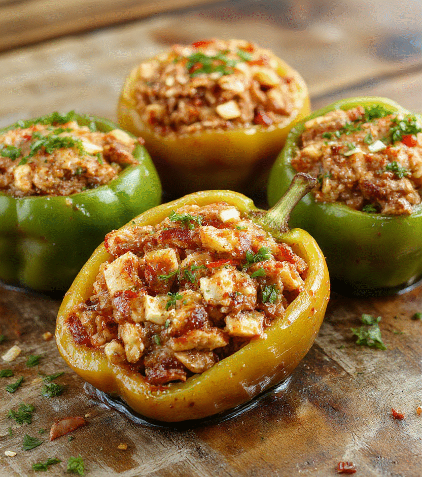 A colorful plate featuring vibrant stuffed bell peppers filled with seasoned rice, vegetables, and melted cheese. The peppers are halved and arranged artfully on a rustic wooden table, showcasing a glossy finish and steam rising from the filling. Fresh herbs garnish the dish, emphasizing a fresh and inviting appearance.