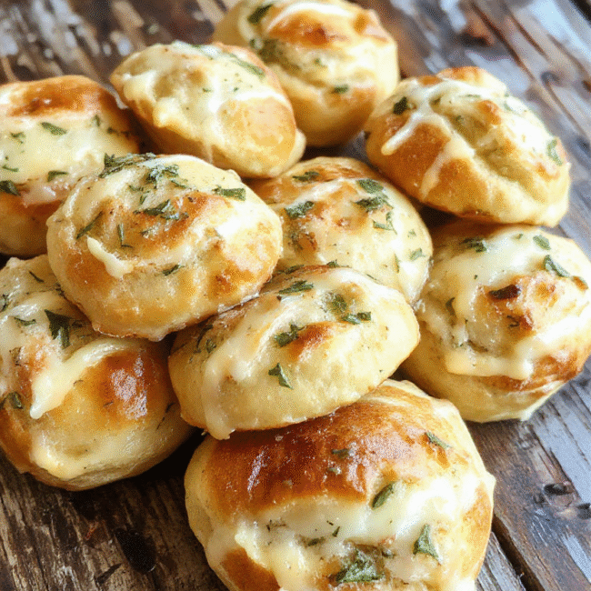A warm, golden-brown plate of fluffy garlic rolls garnished with fresh parsley, soft texture visible with a slightly crispy top, arranged elegantly on a rustic wooden table with a rustic cloth napkin nearby