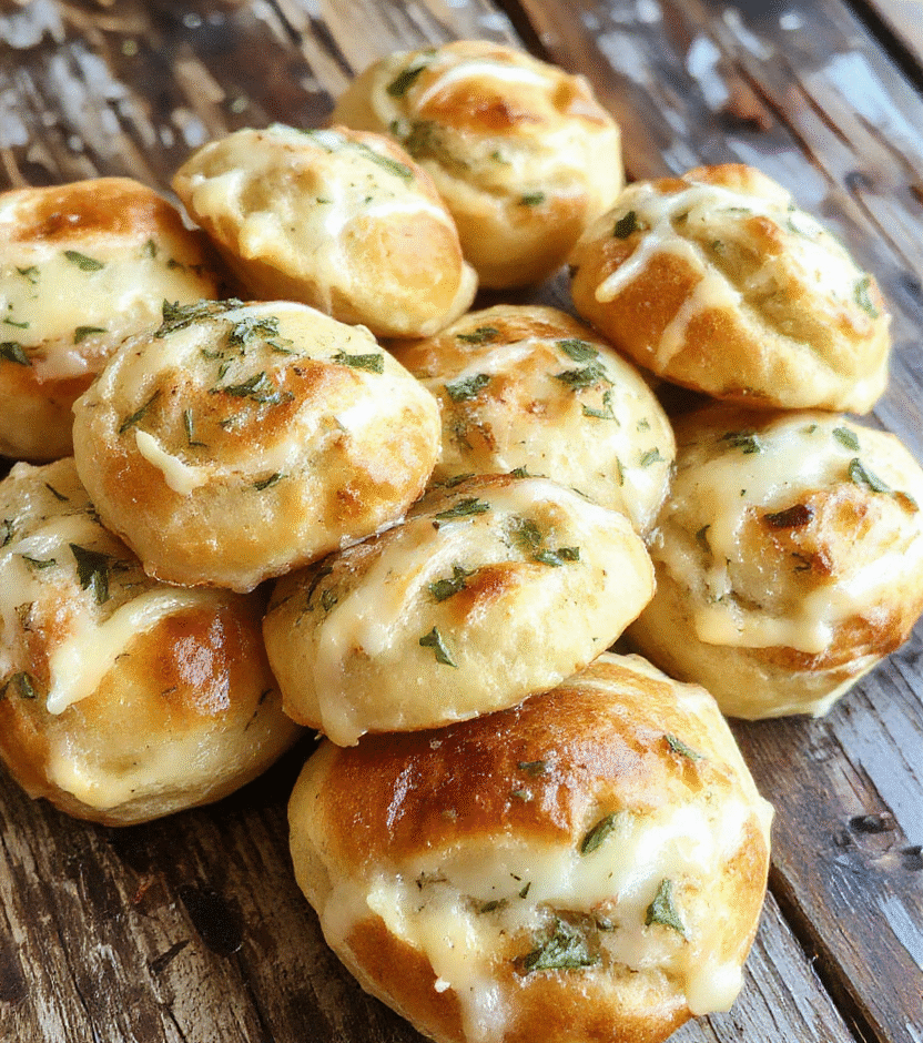A warm, golden-brown plate of fluffy garlic rolls garnished with fresh parsley, soft texture visible with a slightly crispy top, arranged elegantly on a rustic wooden table with a rustic cloth napkin nearby
