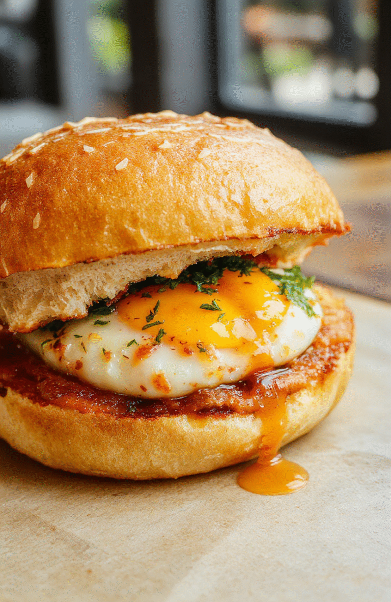 A vibrant image of a fluffy Japanese egg sandwich with soft, golden-brown bread and a fluffy, creamy egg filling. The sandwich is neatly sliced diagonally, revealing the light and airy egg mixture inside. The bread looks perfectly toasted with crispy edges, and the filling appears rich and moist, garnished with a hint of green from thinly sliced herbs. The background features a rustic wooden surface with natural light highlighting the textures and colors of the sandwich.