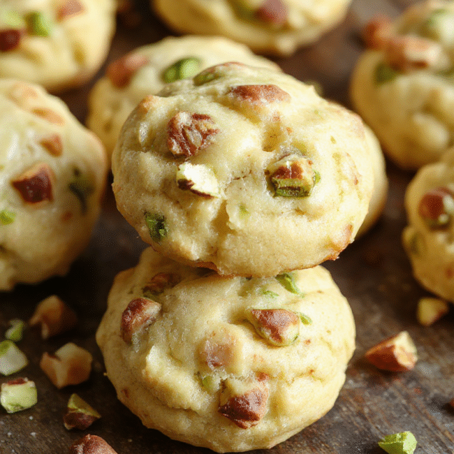 A plate of light green fluffy pistachio cookies with a delicate crumb texture, arranged on a white ceramic plate with a sprig of fresh pistachios and mint leaves, set on a rustic wooden table with soft natural lighting highlighting the cookies' airy appearance and subtle pistachio chunks.